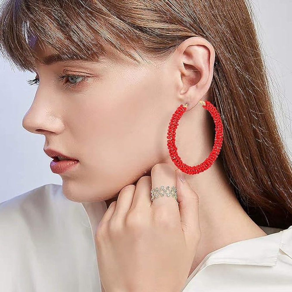 Beaded Red Hoop Earrings